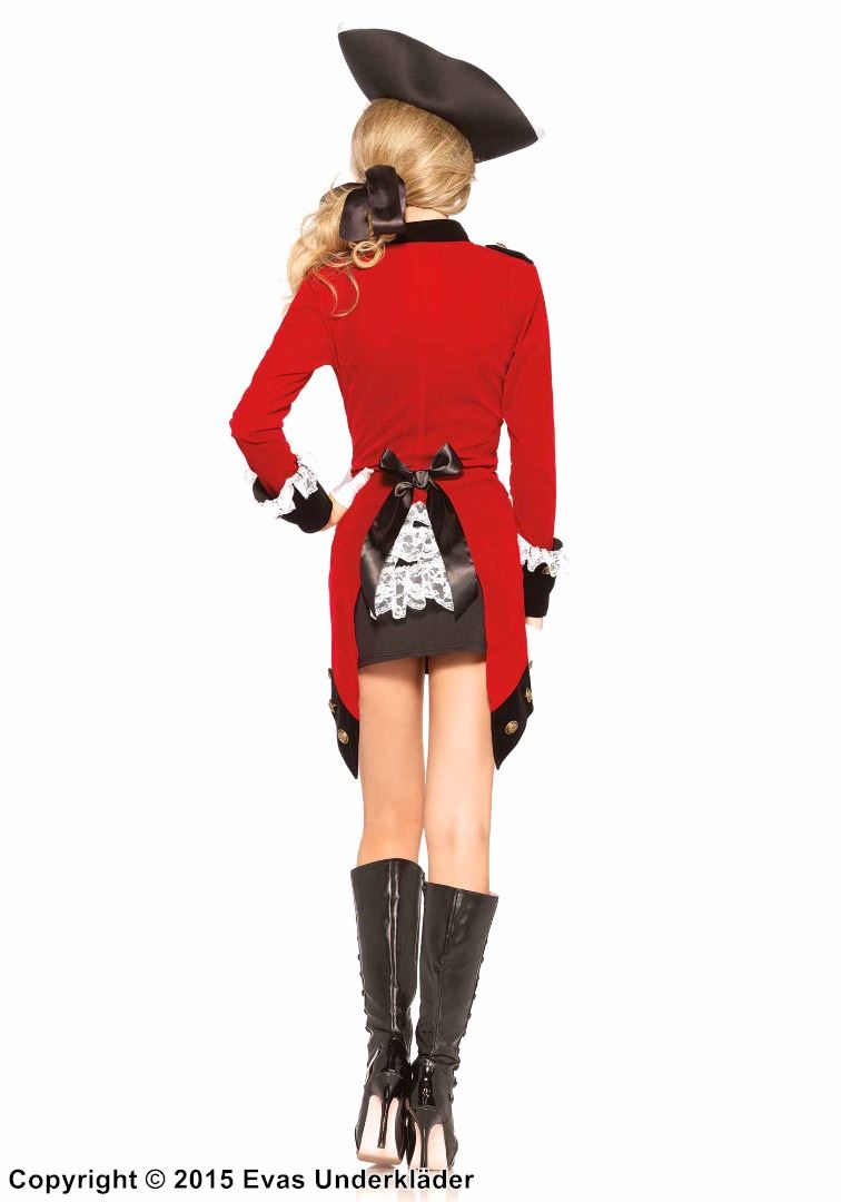 Kvinnlig brittisk rödrock-soldat, maskeradklänning med volanger, knappar och sammet